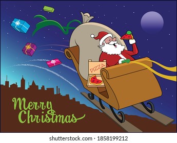 Santa enjoying a slice of pizza.