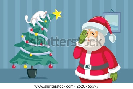 
Santa Exasperated by Christmas Tree Cat Accident Vector Cartoon. Stressed Santa Claus looking at his kitty destroying Xmas décor 
