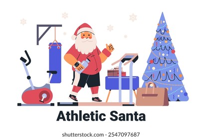 Santa exercising in gym festive theme. Santa in workout attire with exercise equipment Christmas tree presents. Fitness holiday concept