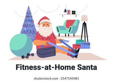 Santa exercising at home with resistance bands beside a Christmas tree gifts and fitness equipment in a cozy living room setting