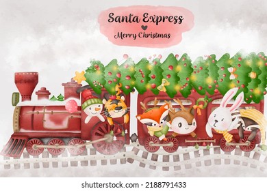 Santa Express Animal and Christmas Watercolor
