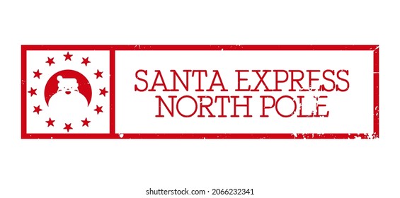 Santa express, polo norte - diseño de sello horizontal para letras o regalos. Elemento decorativo de Navidad con la cara de Santa. Ilustración vectorial sobre fondo blanco con textura gruesa.