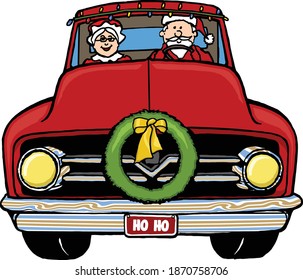 The Santa Express truck doesn't have time to make any extra stops as he has gifts to spread.  This illustration features Santa driving a retro red and green truck.