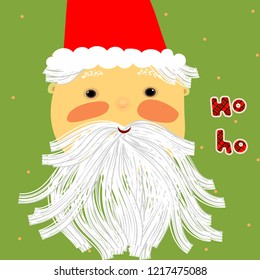 Santa face with beard cartoon character. Vector Merry Christmas and Happy New Year greeting card  with cute santa claus and hand drawn lettering Ho-Ho.Design for greeting card, banner, poster.