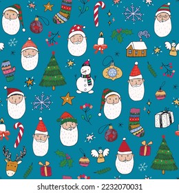 Santa face Christmas vector seamless pattern.