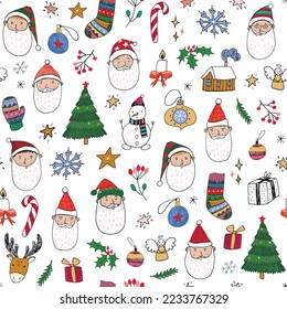 Santa face Christmas vector seamless pattern.