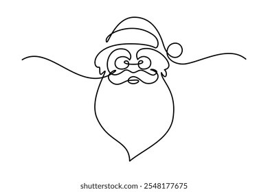 Weihnachtsmütze in durchgehender Linienart. Weihnachtsmann Kopf schwarz lineares Design einzeln auf weißem Hintergrund. Vektorgrafik