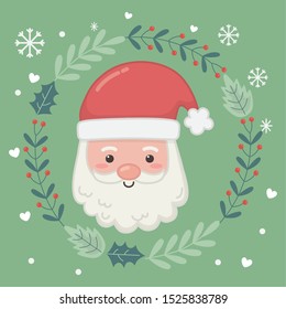 santa face floral wreath hearts snowflakes celebration merry christmas poster vector illustration