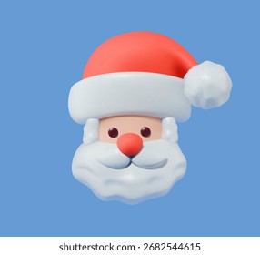 Santa face com chapéu e barba, ícone minimalista vetor 3D, isolado no fundo azul para o Natal e design de ano novo.