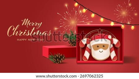 Santa face inside red gift box surrounded by fairy lights and fireworks for a joyful Merry Christmas and New Year greeting.