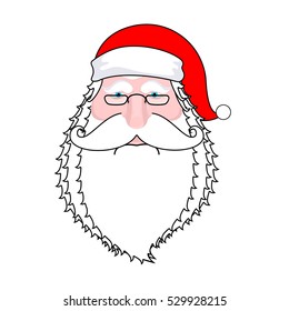 Santa face isolated. Beard and mustache. Red Hat. Christmas icon. Head of an old man on white background. Xmas template
