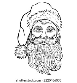Santa face line art. Hand drawing vector Christmas illustration.