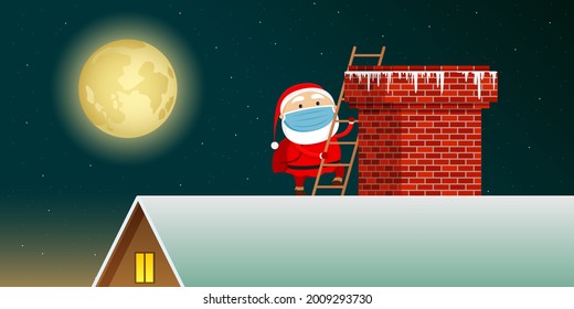 Santa in face mask climbing chimney. Vector illustration.