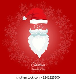 Santa face with white beard and red head. Сhristmas and happy new year vector illustration.