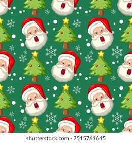 Santa faces and Christmas trees on green background