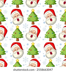 Santa faces and decorated Christmas trees pattern