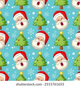 Rostos de Papai Noel e árvores em fundo azul