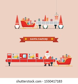 Santa factory concept. Santa sleigh waiting a gift boxes from robot belt machine