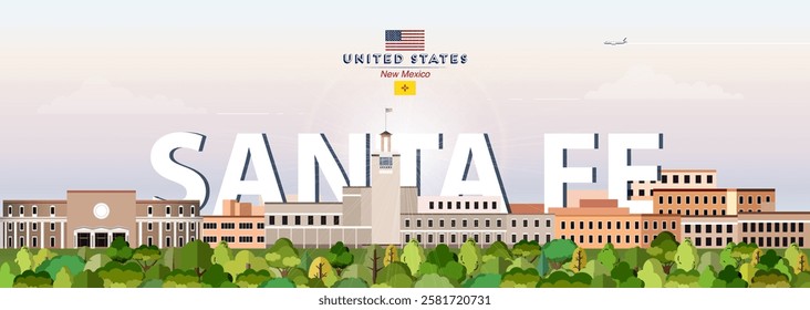 Santa Fe city skyline colorful vector illustration. Travel poster