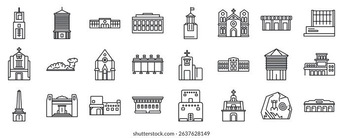  Santa Fe icons set. Line art icons showcasing various architectural styles of government buildings, religious structures, monuments, and other prominent city features