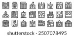 Santa Fe icons set. Set of simple and minimalist building icons representing various architectural styles and functions, from religious buildings to modern skyscrapers