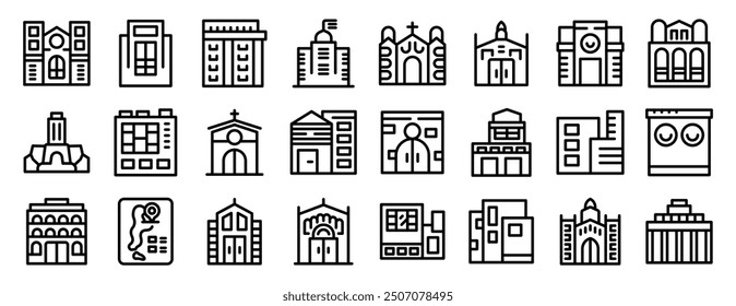 Santa Fe icons set. Set of simple and minimalist building icons representing various architectural styles and functions, from religious buildings to modern skyscrapers