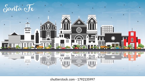 Santa Fe New Mexico City Skyline with Color Buildings, Blue Sky and Reflections. Vector Illustration. Santa Fe USA Cityscape with Landmarks. Travel and Tourism Concept with Modern Architecture.