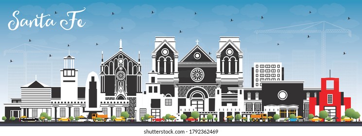 Santa Fe New Mexico City Skyline with Color Buildings and Blue Sky. Vector Illustration. Santa Fe USA Cityscape with Landmarks. Business Travel and Tourism Concept with Modern Architecture.