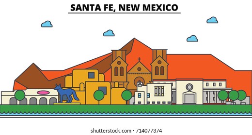 Santa Fe, New Mexico. City skyline: architecture, buildings, streets, silhouette, landscape, panorama, landmarks. Editable strokes. Flat design line vector illustration concept. Isolated icons