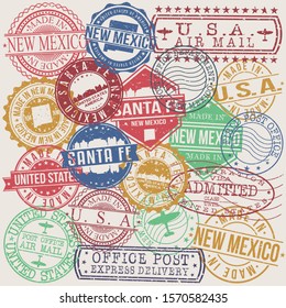Santa Fe New Mexico Set of Stamps. Travel Stamp. Made In Product. Design Seals Old Style Insignia.