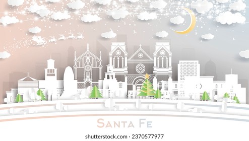 Santa Fe New Mexico USA. Winter City Skyline in Paper Cut Style with Snowflakes, Moon and Neon Garland. Christmas and New Year Concept. Santa Claus on Sleigh. Santa Fe Cityscape with Landmarks.