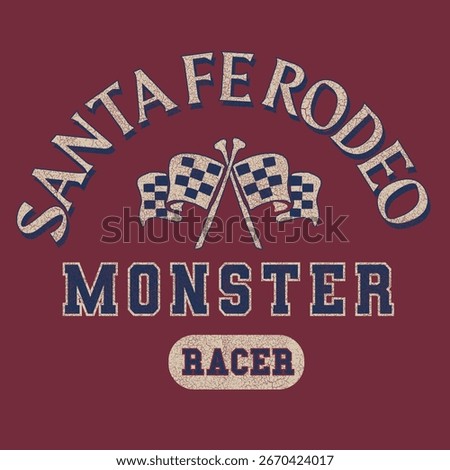 Santa Fe rodeo racer tee t shirt design. vintage racer college varsity graphic. Vintage 1972 Santa Fe Rodeo T-Shirt. grunge effects with typography sports artwork