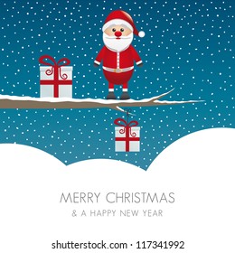 santa figure on branch snowy winter landscape