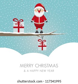santa figure on branch snowy winter landscape