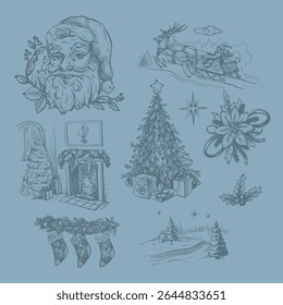 Santa, fir trees and other Christmas elements in toile style isolated. Vector