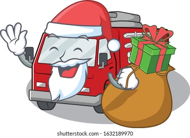 Santa Fire Truck Cartoon Character Design Having Box Of Gift