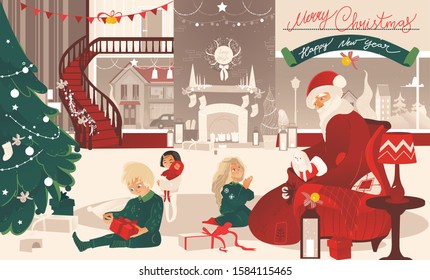 Santa fireplace gift boxes for kids in pajamas near the Christmas tree. Happy new year and Merry Christmas traditional family holidays in the rich interior in the big house out a town. Winter holidays - Shutterstock ID 1584115465