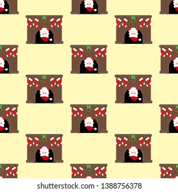 Santa in fireplace pattern on the yellow background. Vector illustration