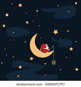 Santa fishes for a gift on a moon amid stars and clouds; a serene, whimsical night scene