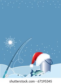 Santa fishing . Christmas cartoons with fishing elements in winter.