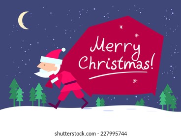 Santa in flat style carrying a bag of gifts through the forest at the night.