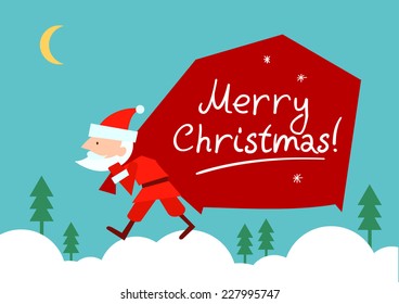 Santa in flat style carrying a bag of gifts through the forest at the night.