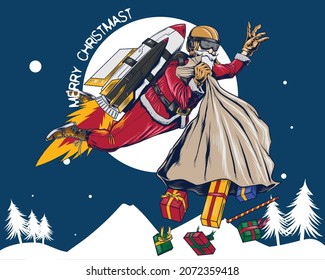 Santa vuela sobre un cohete y distribuye muchos regalos ilustrativos vectoriales

