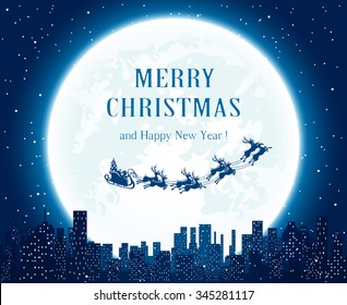 Santa Flies Over The City On Moon Background, Illustration.