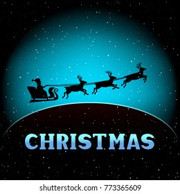 Santa fly in Christmas magic night. Winter holiday time. New Year greeting text background. Illustration with falling snow on dark and space for lettering