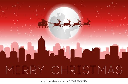 santa fly over the skyscraper on xmas night,gradient red,vector illustration