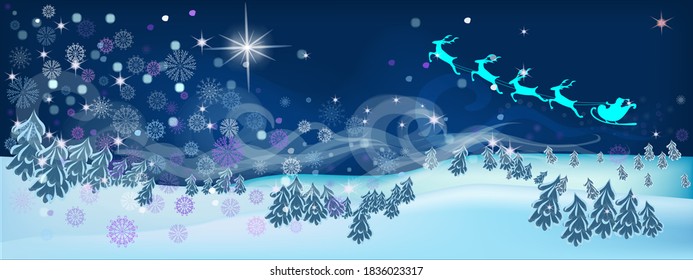 Der Weihnachtsmann fliegt über den Himmel über eine schneebedeckte Winterlandschaft. Weihnachtsstar am Nachthimmel und ein fantastischer Schneesturm mit schönen Schneeflocken. Panoramavektorgrafik.