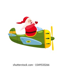Santa Flying airplane retro vintage. Vector isolated cartoon style