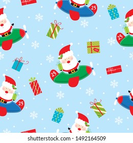 santa flying with airplane seamless pattern design