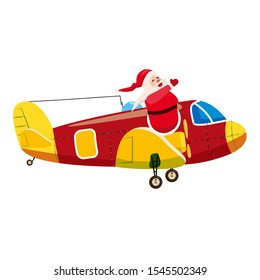 Santa Flying cargo airplane retro vintage. Vector isolated cartoon style